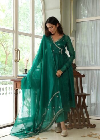 Hand embroidered Anarkali with pants /anarkali suit set /anarkali dupatta Indian dresses/green wrap kurta with Polazzo/kurta with pants