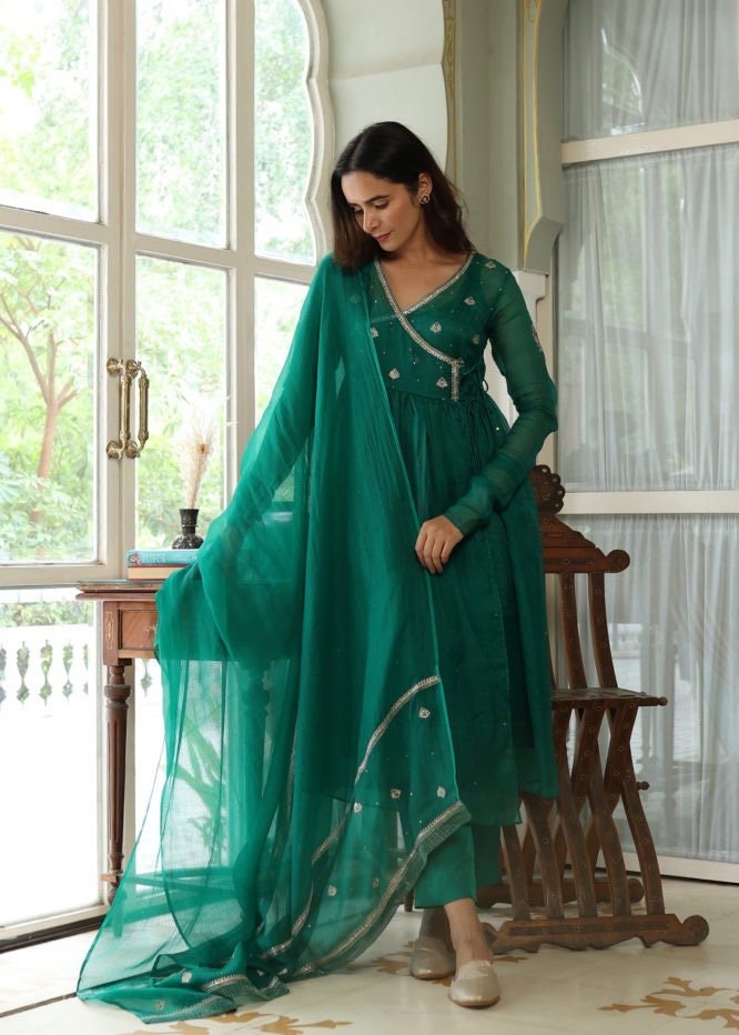 Hand embroidered Anarkali with pants /anarkali suit set /anarkali dupatta USA/Indian dresses/green wrap kurta with Polazzo/kurta with pants