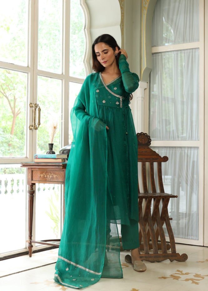 Hand embroidered Anarkali with pants /anarkali suit set /anarkali dupatta USA/Indian dresses/green wrap kurta with Polazzo/kurta with pants