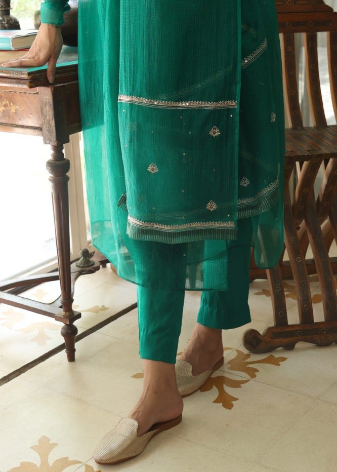 Hand embroidered Anarkali with pants /anarkali suit set /anarkali dupatta USA/Indian dresses/green wrap kurta with Polazzo/kurta with pants
