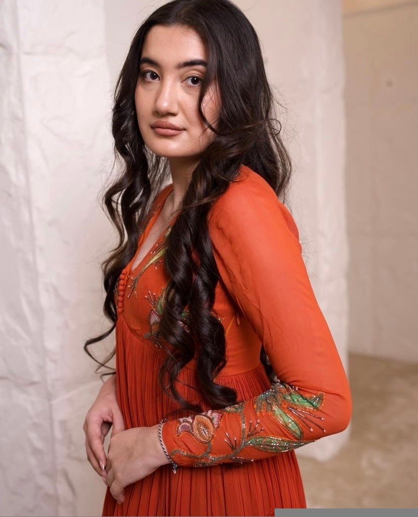 Orange Anarkali suit usa/anarkali kurta full sleeve/orange full sleeve anarkali/full sleeve dress anarkali/Indian dresses/mehendi anarkali
