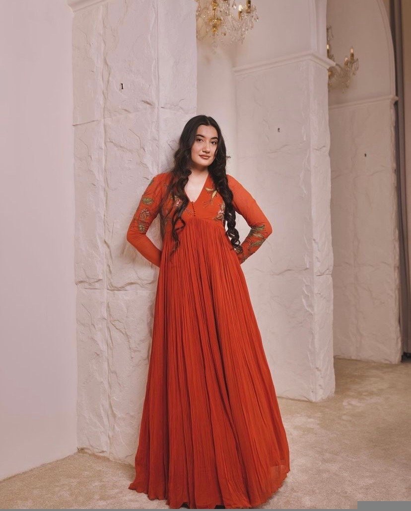 Orange Anarkali suit usa/anarkali kurta full sleeve/orange full sleeve anarkali/full sleeve dress anarkali/Indian dresses/mehendi anarkali