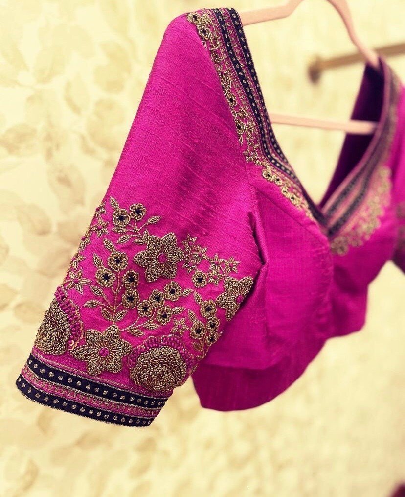 pure silk hand embroidery blouse /modern saree maggam blouse/pink zardosi blouse / hand embroidered blouse/pink ready made blouse zardosi