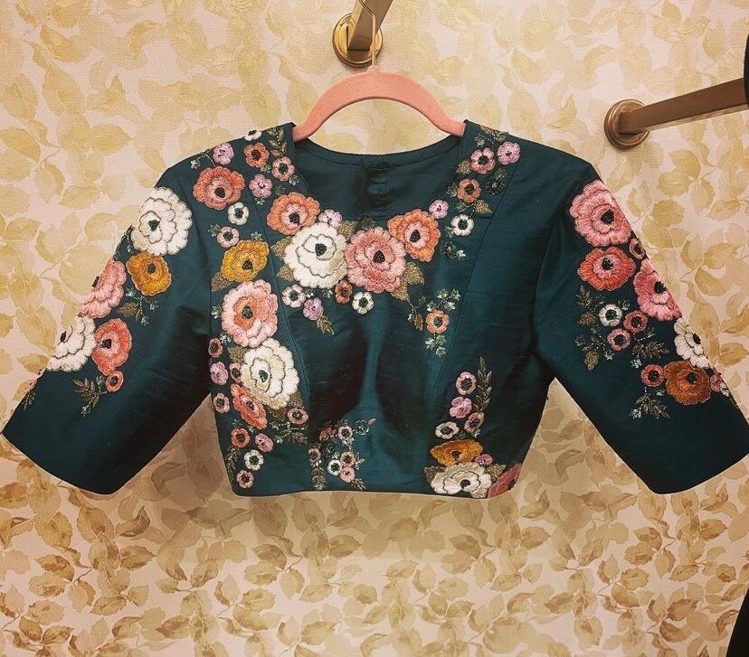 pure silk green multicolor hand embroidery blouse/saree maggam blouse/ raw silk zardosi blouse /hand embroidered blouse / ready made blouse