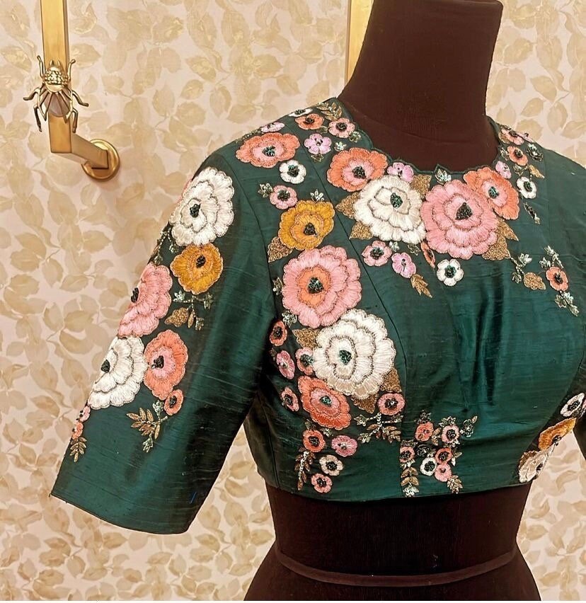 pure silk green multicolor hand embroidery blouse/saree maggam blouse/ raw silk zardosi blouse /hand embroidered blouse / ready made blouse
