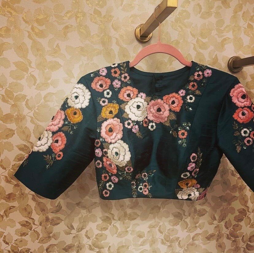 pure silk green multicolor hand embroidery blouse/saree maggam blouse/ raw silk zardosi blouse /hand embroidered blouse / ready made blouse
