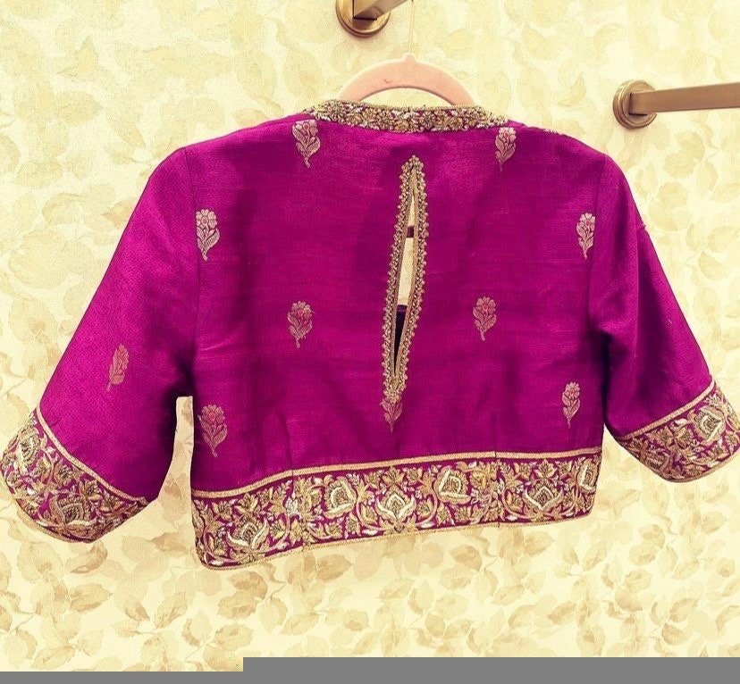 pure silk hand embroidery blouse /modern saree maggam blouse/magenta pink zardosi blouse/purple hand embroidered blouse/ready made blouse