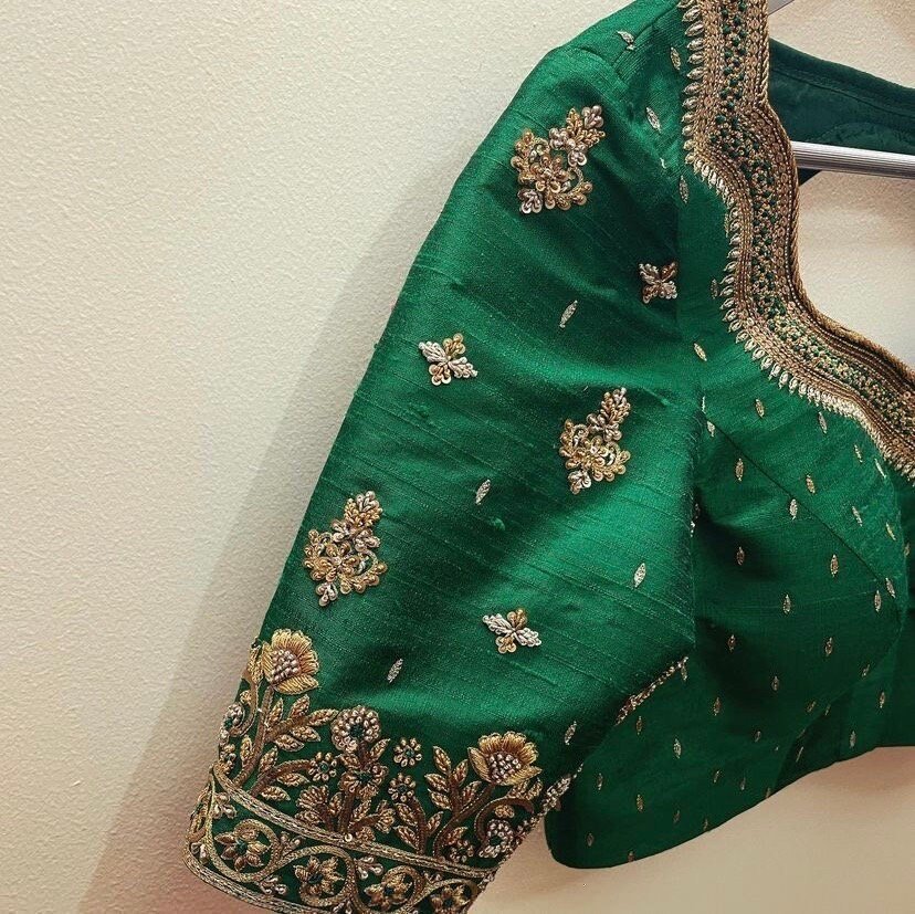 pure silk heavy hand embroidery blouse /bridal green maggam blouse/green zardosi blouse/hand embroidered blouse/green wedding ready blouse