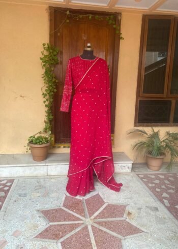 Pink georgette silk saree with hand embroidered blouse/pink saree with full sleeve handwork blouse|sarees |pink silk saree/designer sare