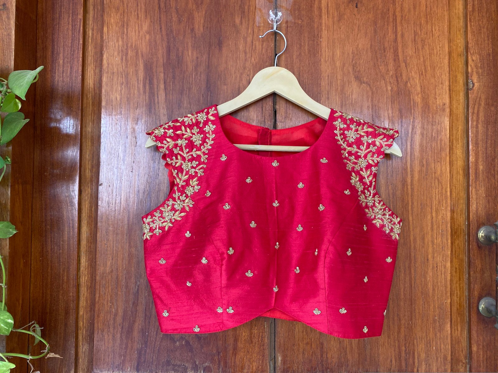 pure silk hand embroidery blouse /red maggam blouse /red raw silk zardosi blouse / hand embroidered blouse/red sleeveless ready made blouse