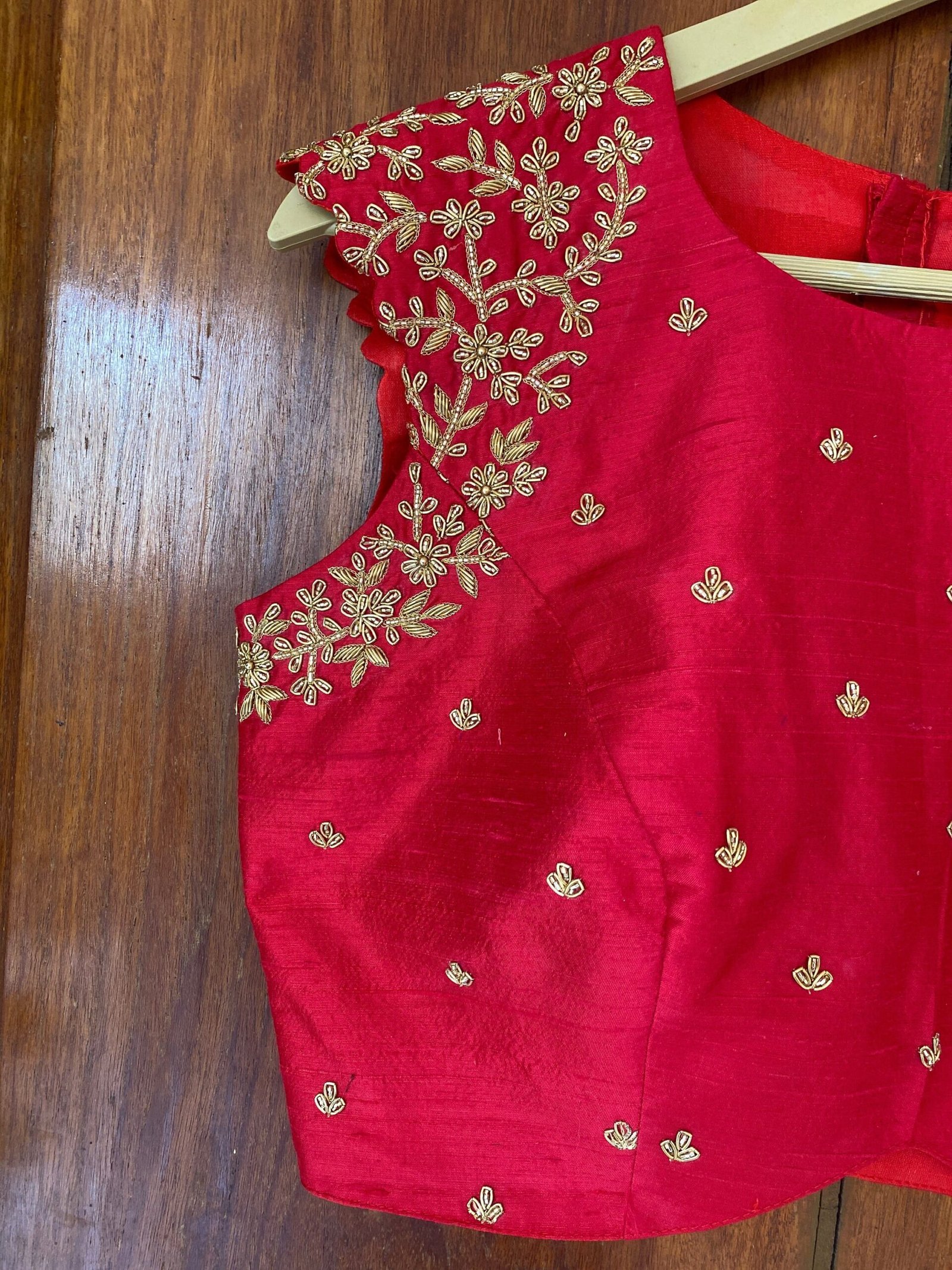 pure silk hand embroidery blouse /red maggam blouse /red raw silk zardosi blouse / hand embroidered blouse/red sleeveless ready made blouse