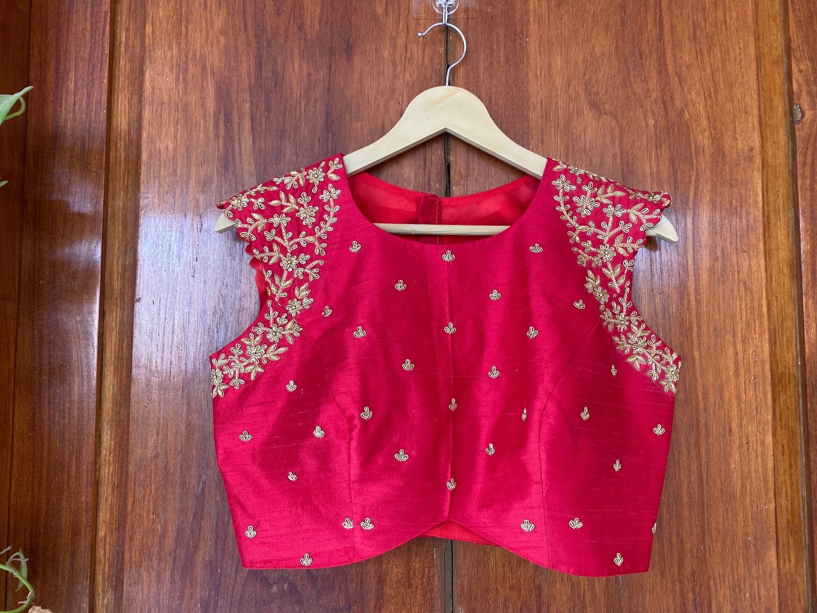 pure silk hand embroidery blouse /red maggam blouse /red raw silk zardosi blouse / hand embroidered blouse/red sleeveless ready made blouse