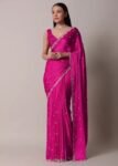 Pink Satin Silk Saree: Hand Embroidered Blouse, Sleeveless Designer Sari