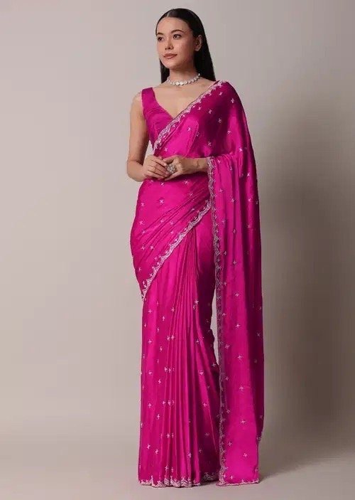 Pink Satin Silk Saree: Hand Embroidered Blouse, Sleeveless Designer Sari