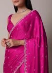 Pink Satin Silk Saree: Hand Embroidered Blouse, Sleeveless Designer Sari