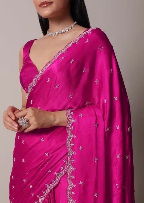 Pink Satin Silk Saree: Hand Embroidered Blouse, Sleeveless Designer Sari
