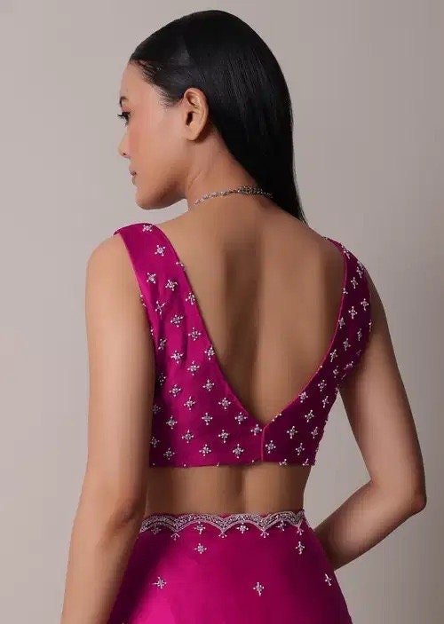 Pink Satin Silk Saree: Hand Embroidered Blouse, Sleeveless Designer Sari