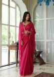 Pink Kota Silk Saree: Hand Embroidered Blouse, Sleeveless Design