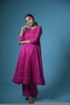 Hand Embroidered Anarkali Suit Set: Pink Purple Silk Kurta with Pants