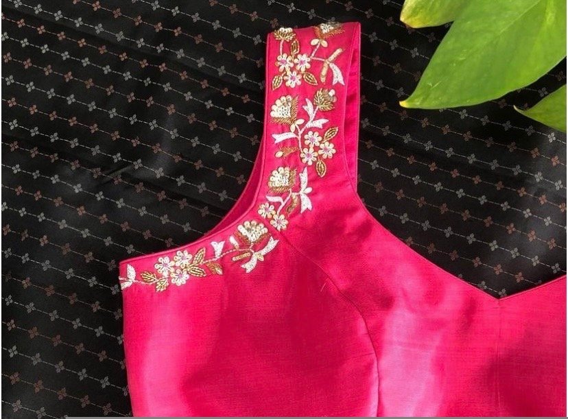 Pure Silk Hand Embroidered Saree Blouse: Pink Zardosi Maggam Work