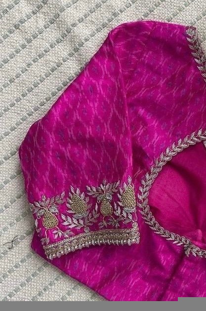 pure silk hand embroidery blouse /pink saree maggam blouse/pink ikkat silk zardosi blouse/ embroidered blouse/pochampally ready made blouse