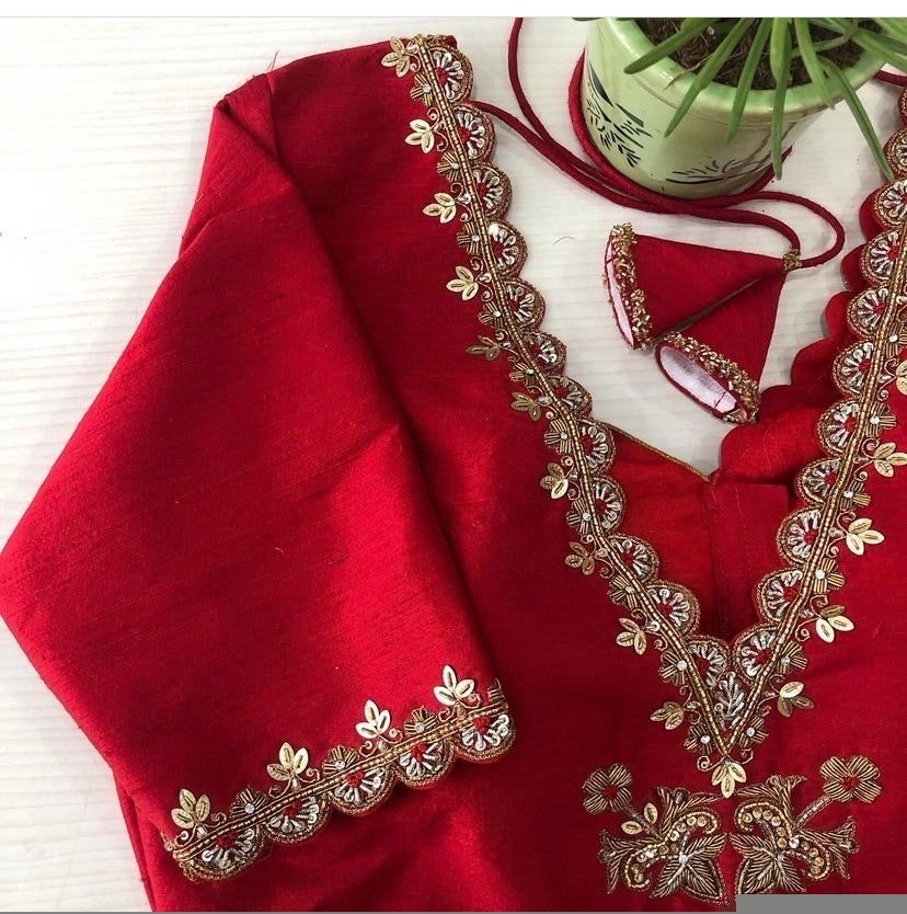 pure silk hand embroidery blouse/red saree maggam red blouse /raw silk zardosi blouse/hand embroidered blouse /red ready made blouse zardosi