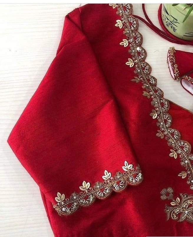 pure silk hand embroidery blouse/red saree maggam red blouse /raw silk zardosi blouse/hand embroidered blouse /red ready made blouse zardosi