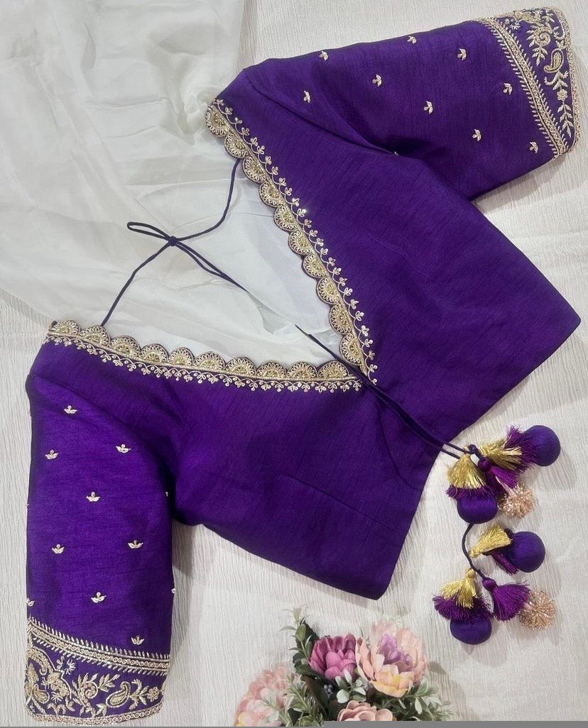 pure silk purple hand embroidery blouse /saree maggam blouse/pure raw silk zardosi blouse /hand embroidered blouse/purple ready made blouse