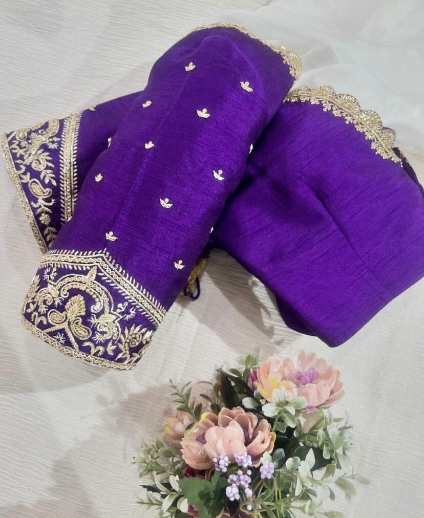 pure silk purple hand embroidery blouse /saree maggam blouse/pure raw silk zardosi blouse /hand embroidered blouse/purple ready made blouse