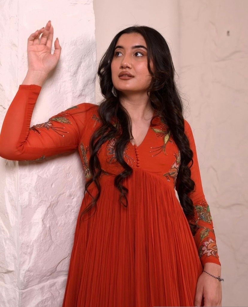 Orange Anarkali suit usa/anarkali kurta full sleeve/orange full sleeve anarkali/full sleeve dress anarkali/Indian dresses/mehendi anarkali