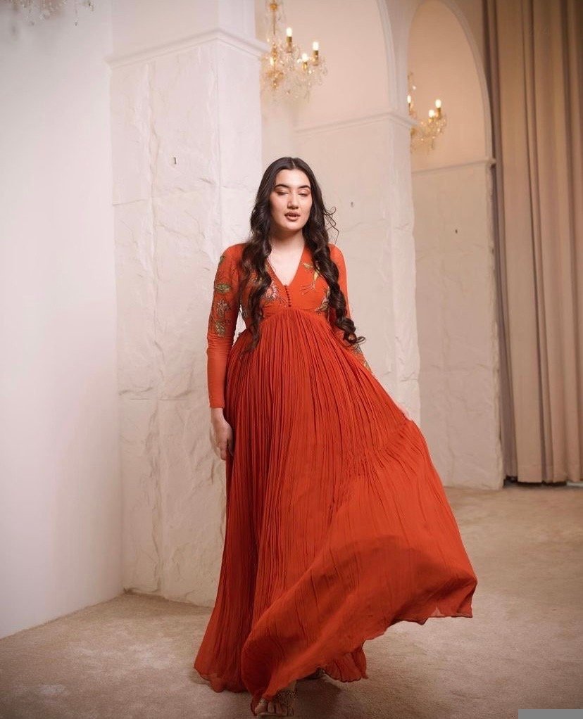 Orange Anarkali suit usa/anarkali kurta full sleeve/orange full sleeve anarkali/full sleeve dress anarkali/Indian dresses/mehendi anarkali