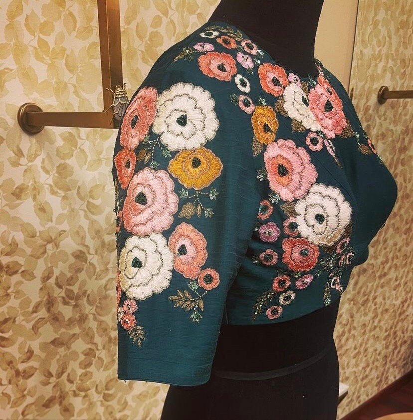 pure silk green multicolor hand embroidery blouse/saree maggam blouse/ raw silk zardosi blouse /hand embroidered blouse / ready made blouse