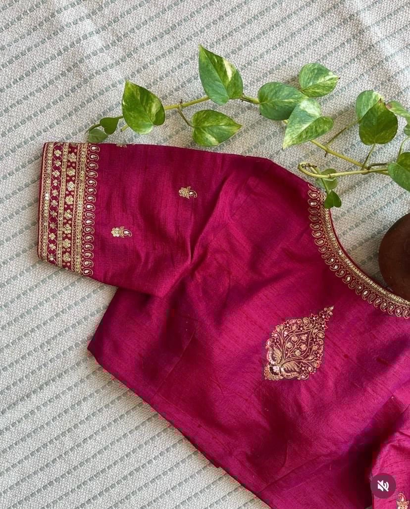 Pink Silk Saree Blouse: Hand Embroidered Maggam Work Crop Top