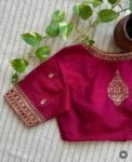 Pink Silk Saree Blouse: Hand Embroidered Maggam Work Crop Top