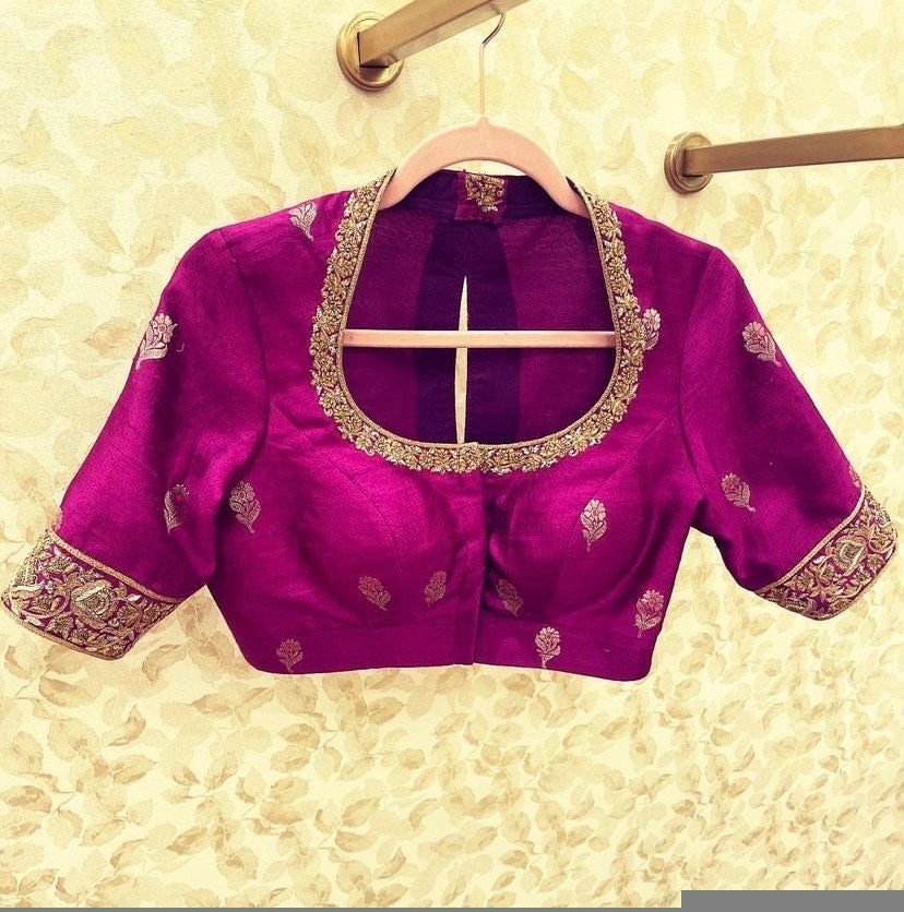 pure silk hand embroidery blouse /modern saree maggam blouse/magenta pink zardosi blouse/purple hand embroidered blouse/ready made blouse