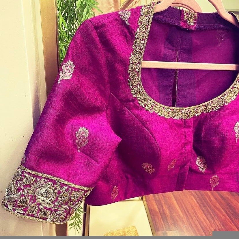 pure silk hand embroidery blouse /modern saree maggam blouse/magenta pink zardosi blouse/purple hand embroidered blouse/ready made blouse