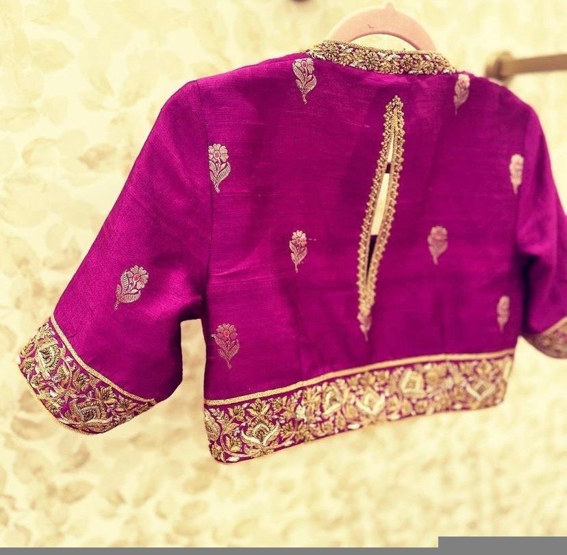 pure silk hand embroidery blouse /modern saree maggam blouse/magenta pink zardosi blouse/purple hand embroidered blouse/ready made blouse