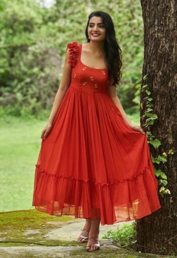 Orange Georgette Dress: Hand Embroidered Ruffle Sleeve Summer Dress