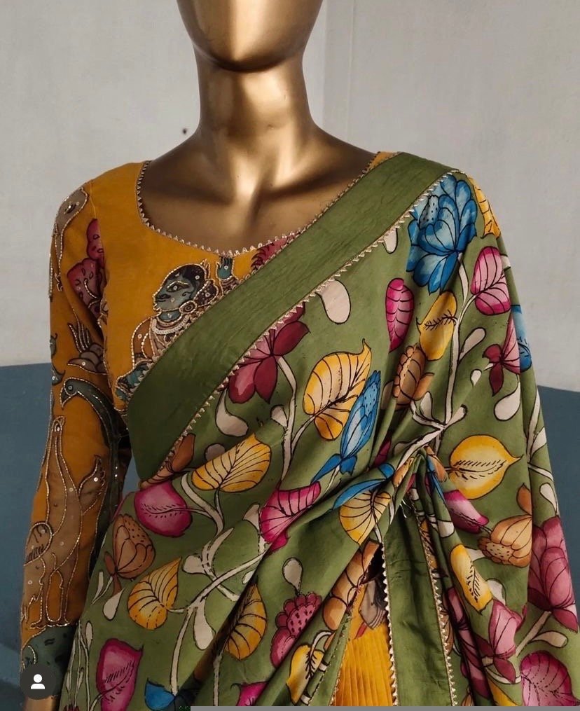 Hand-Painted Kalamkari Lehenga Set: Silk Crop Top, Wedding Outfit
