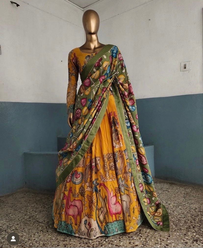 Hand-Painted Kalamkari Lehenga Set: Silk Crop Top, Wedding Outfit