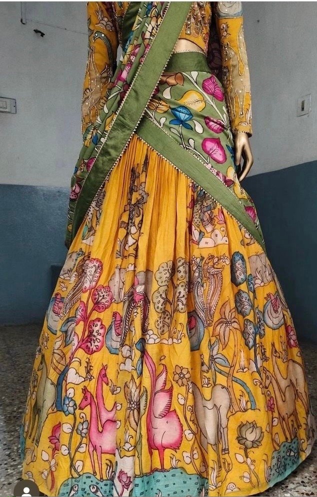 Hand-Painted Kalamkari Lehenga Set: Silk Crop Top, Wedding Outfit