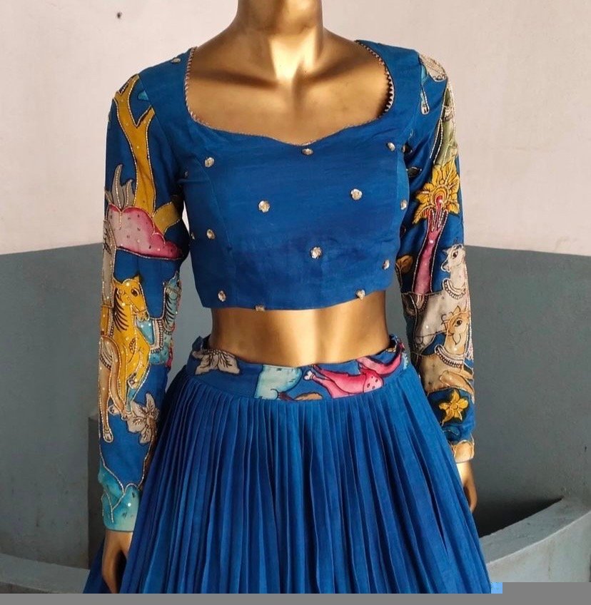 Hand-Painted Kalamkari Lehenga Set: Silk Crop Top, Embroidered Dupatta