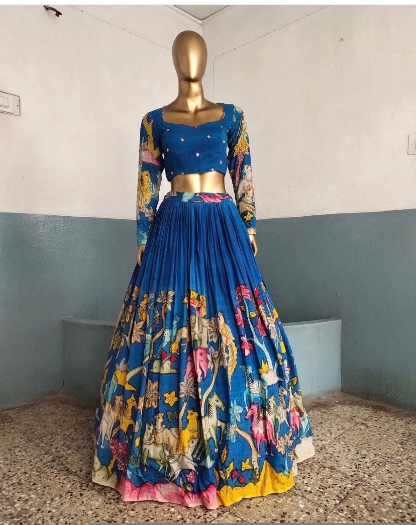 Hand-Painted Kalamkari Lehenga Set: Silk Crop Top, Embroidered Dupatta