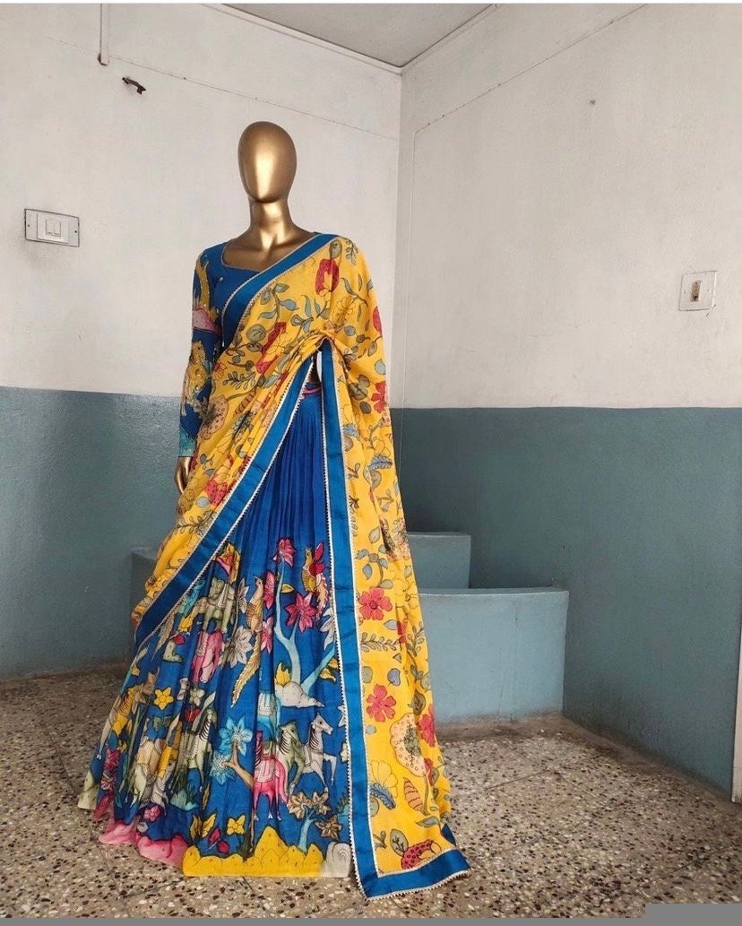 Hand-Painted Kalamkari Lehenga Set: Silk Crop Top, Embroidered Dupatta