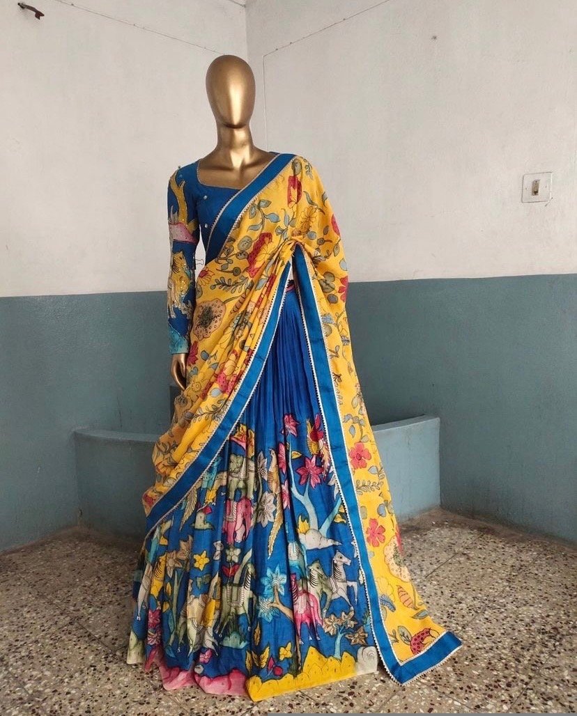 Hand-Painted Kalamkari Lehenga Set: Silk Crop Top, Embroidered Dupatta