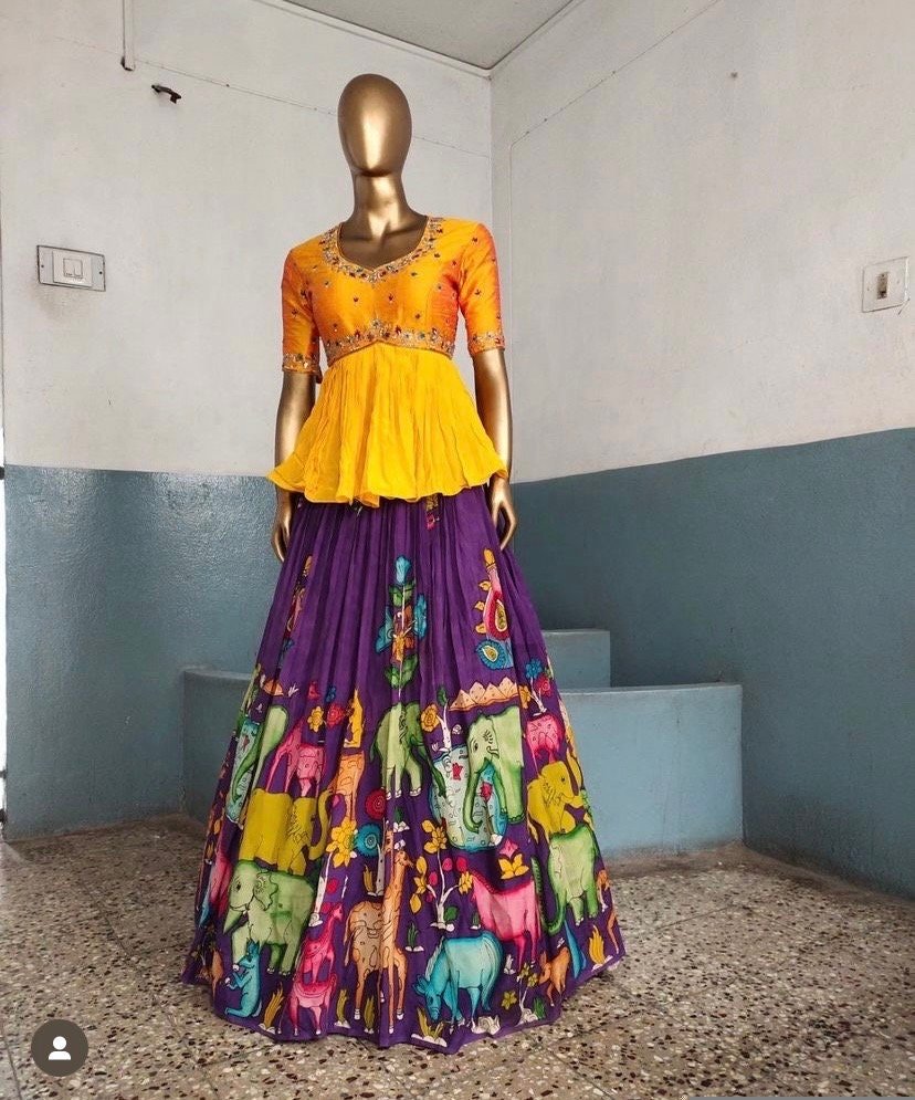 Hand-Painted Kalamkari Lehenga Set: Silk Crop Top, Embroidered Skirt