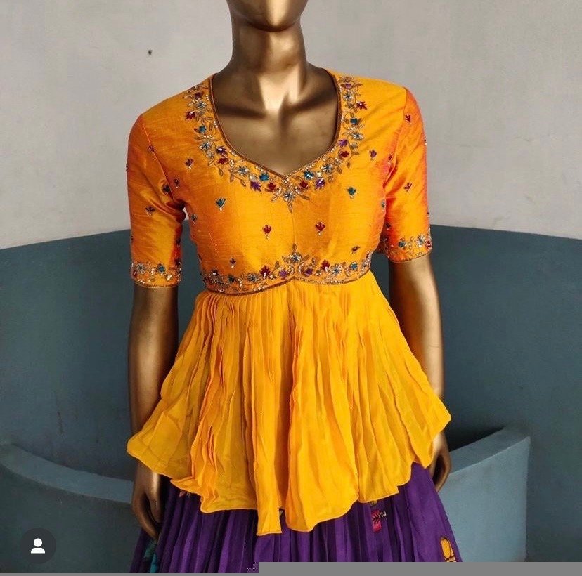 Hand-Painted Kalamkari Lehenga Set: Silk Crop Top, Embroidered Skirt