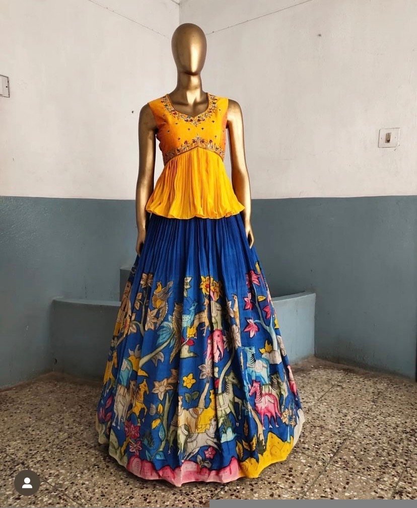 Hand-Painted Kalamkari Lehenga Set: Silk Crop Top, Embroidered Skirt