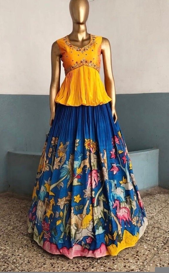 Hand-Painted Kalamkari Lehenga Set: Silk Crop Top, Embroidered Skirt