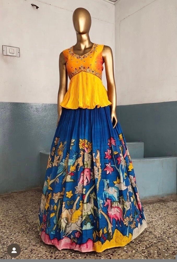 Hand-Painted Kalamkari Lehenga Set: Silk Crop Top, Embroidered Skirt